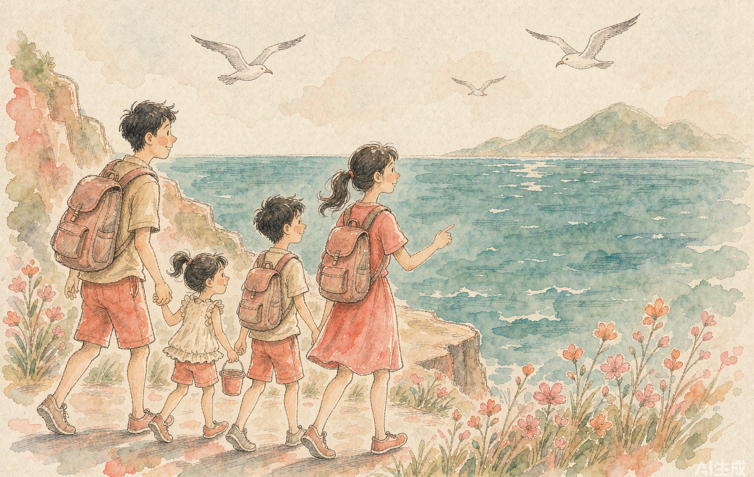 手绘水彩插画：一家四口背着行囊，沿着开满野花的海岸小路走向大海，远处是灵山岛的青色轮廓